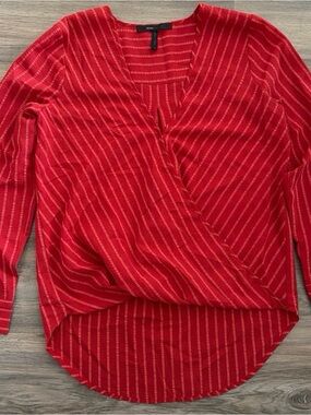 BCBGMaxAzria Red Striped Wrap-Front Blouse